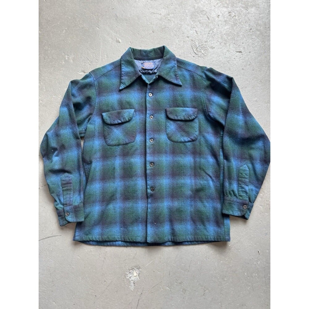 Vintage 60s Pendleton Shadow Plaid Wool Blue Green Board Loop Collar Shirt L